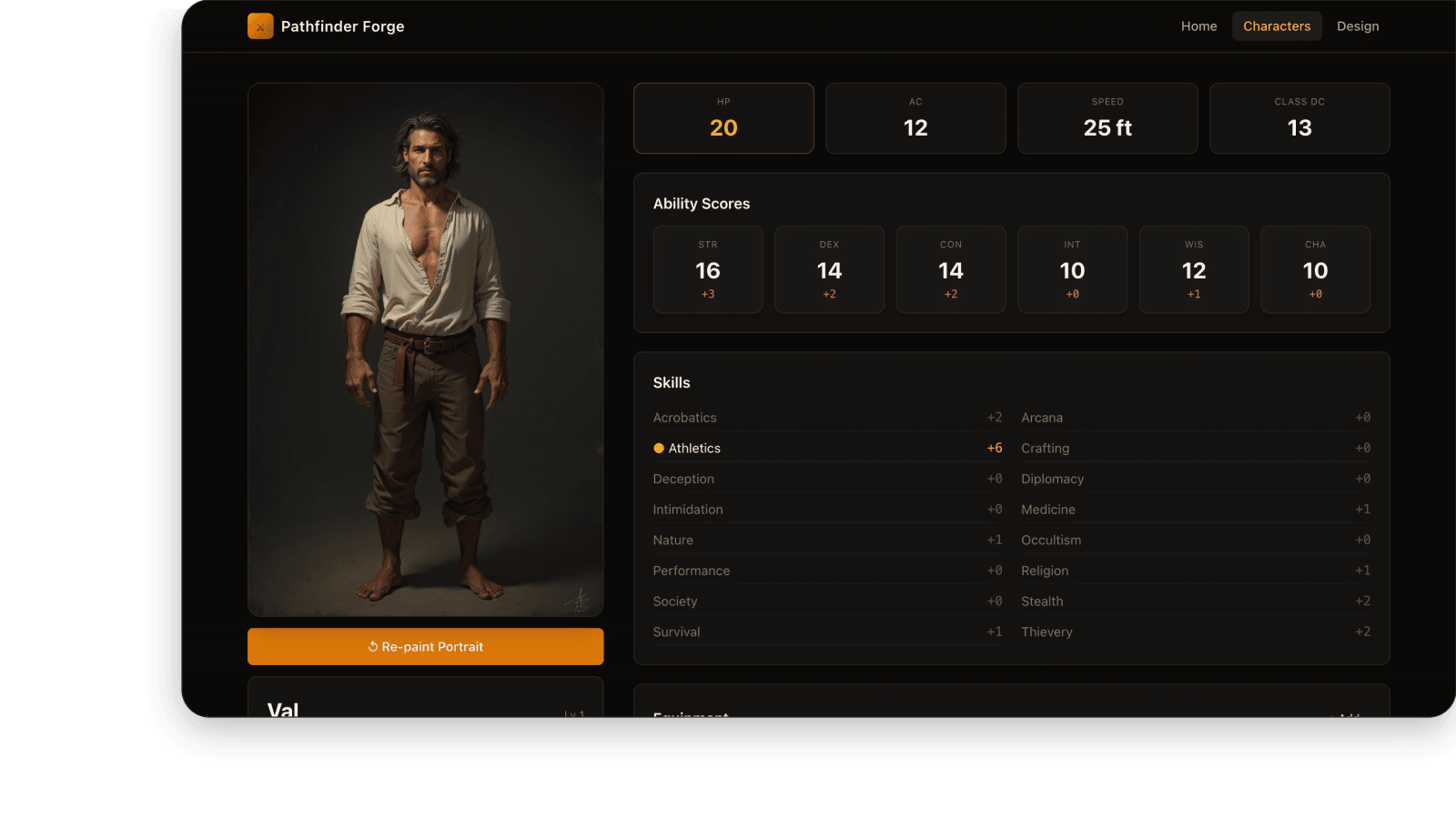 A Pathfinder 2e character builder with AI portraits that restyle every time you re-equip