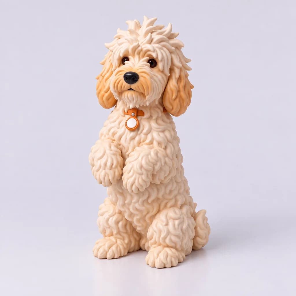 Pushok figurine sitting up on hind legs with front paws raised, three-quarter front view