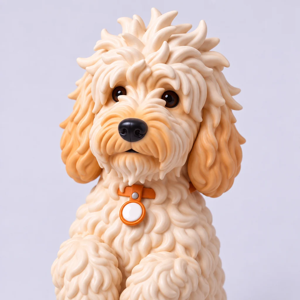 Close-up of the begging Pushok figurine's face and collar tag