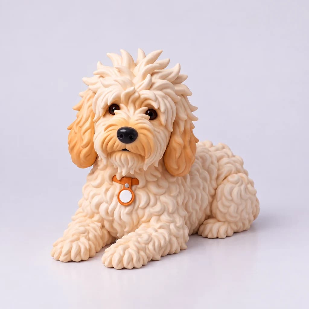 Pushok figurine lying down with paws stretched forward, three-quarter front view