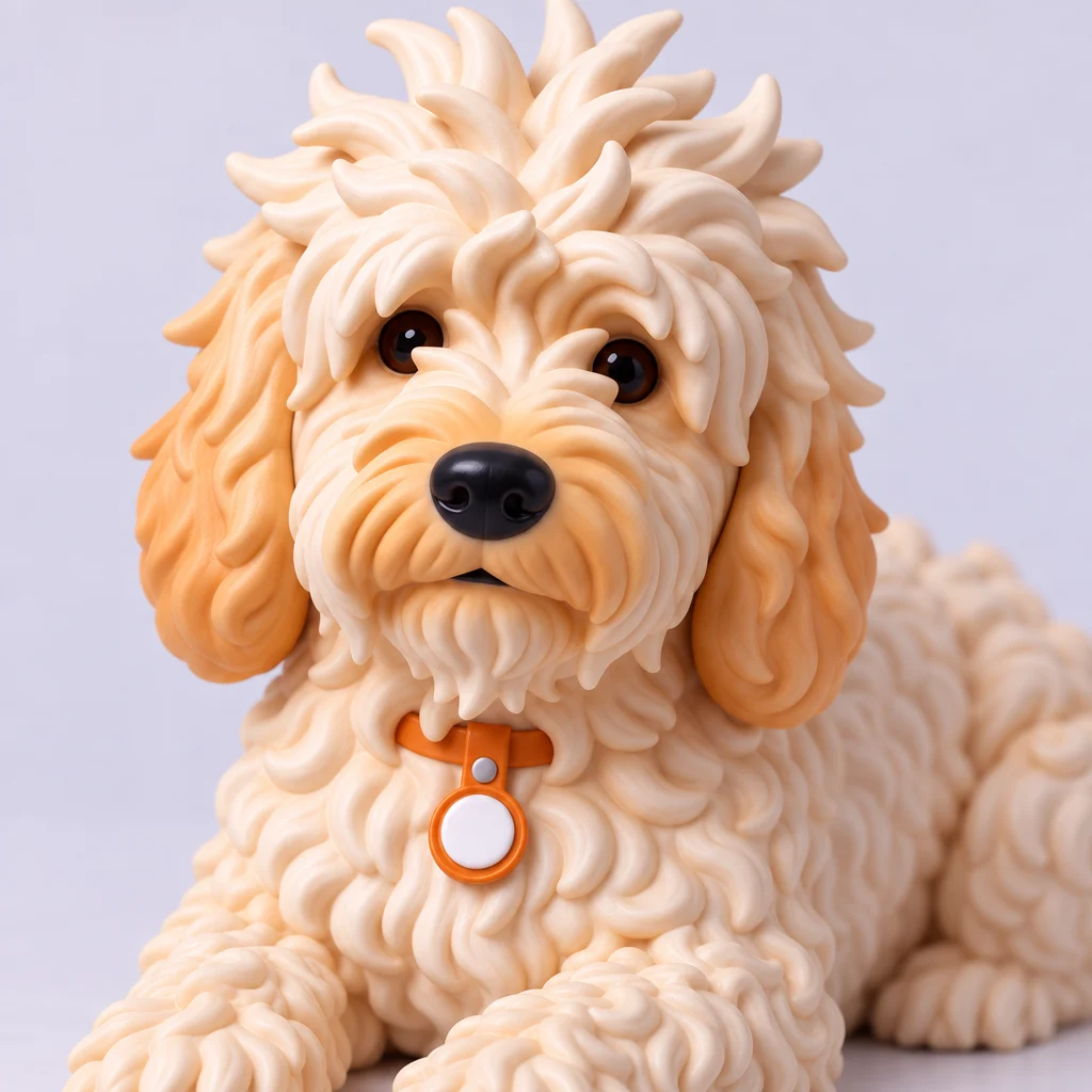 Close-up of the lying Pushok figurine's face and collar tag