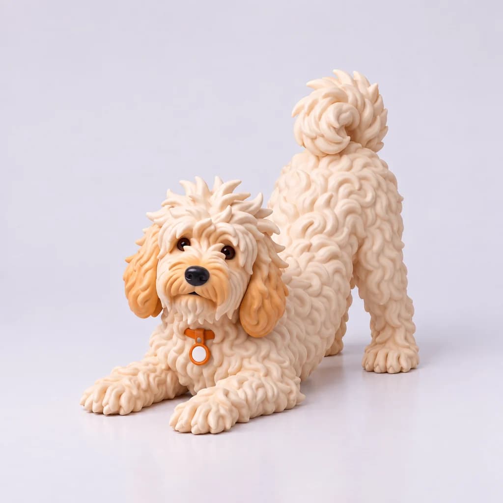 Pushok figurine in a play bow with chest low and tail up, three-quarter front view