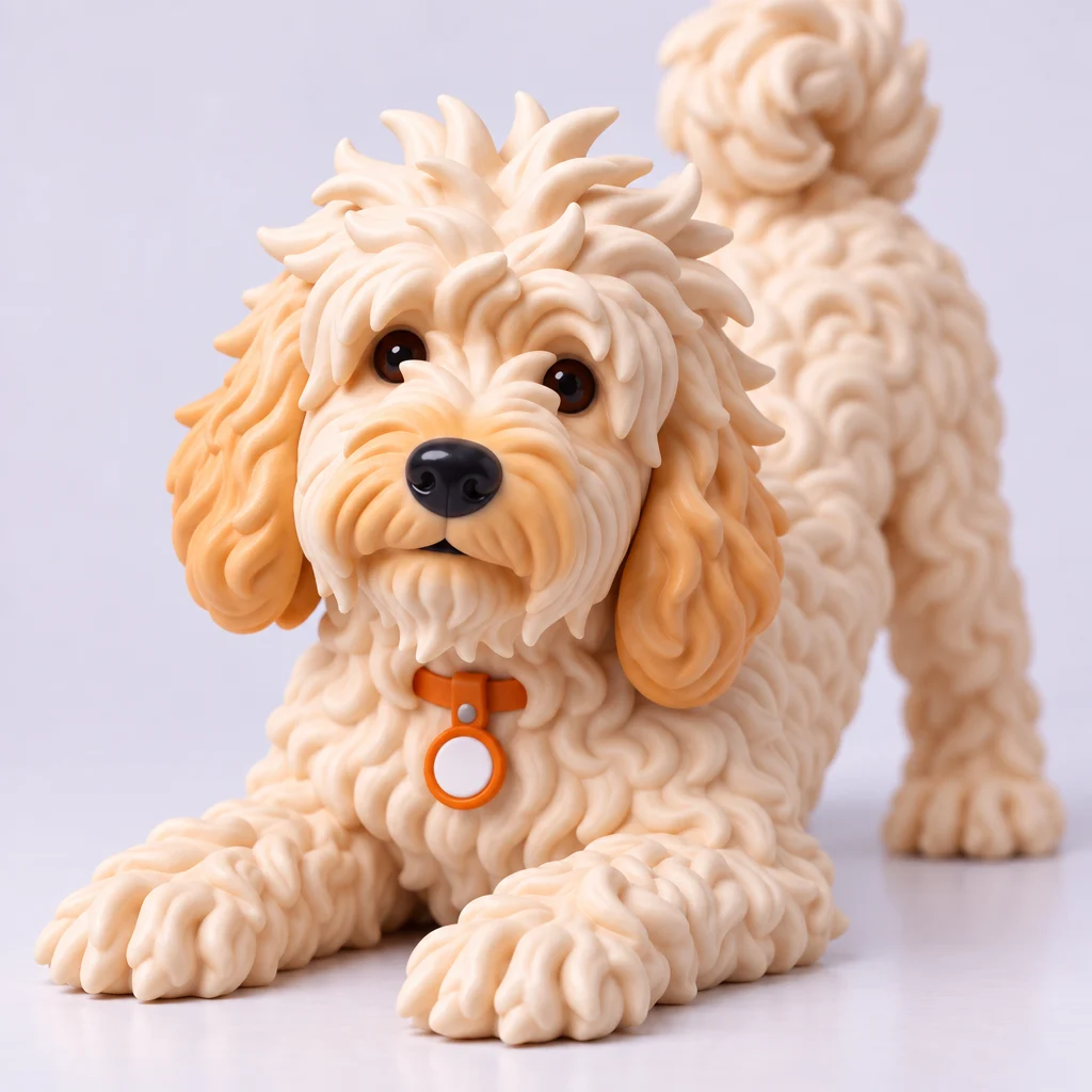 Close-up of the play-bow Pushok figurine's face and collar tag