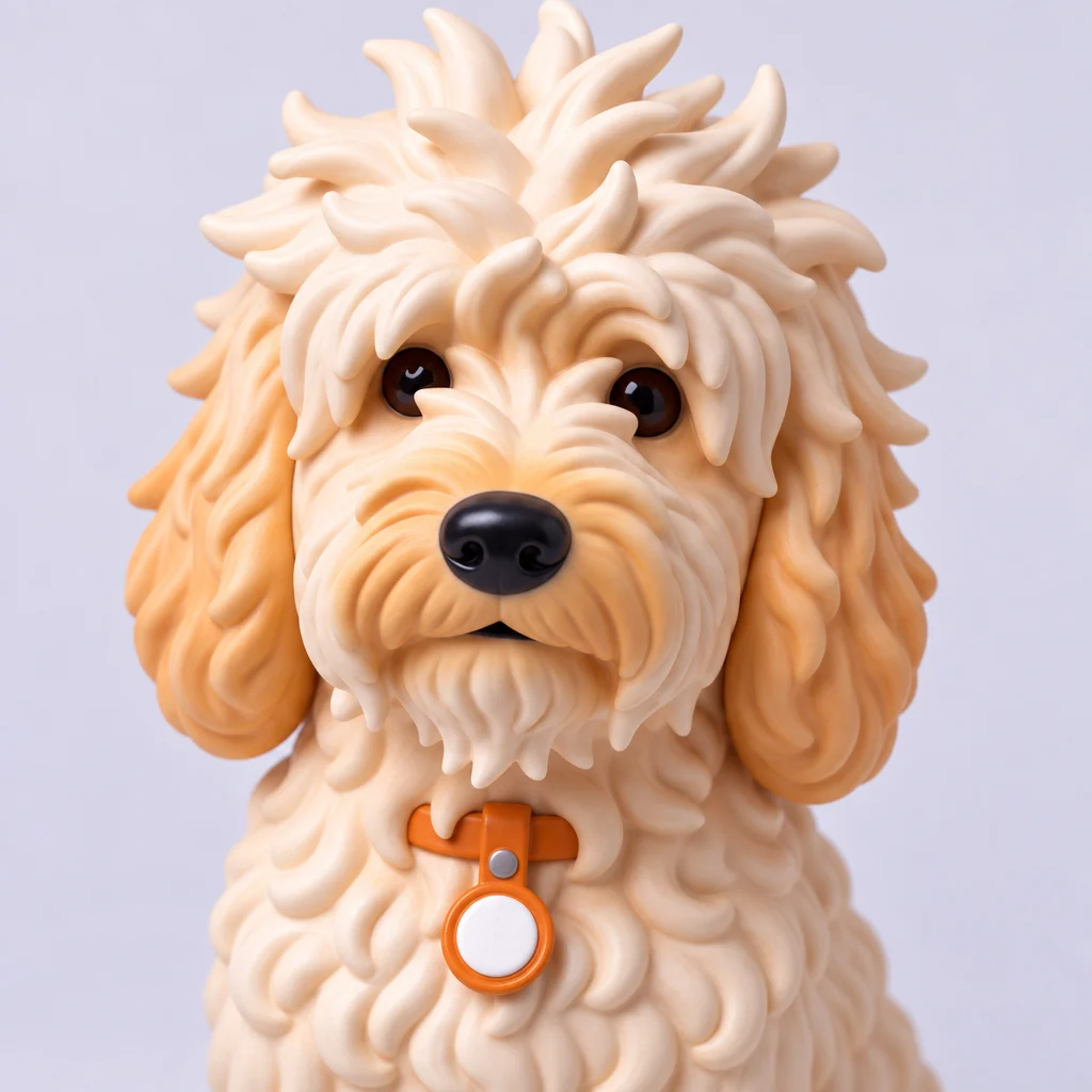 Close-up of the sitting Pushok figurine's face and collar tag
