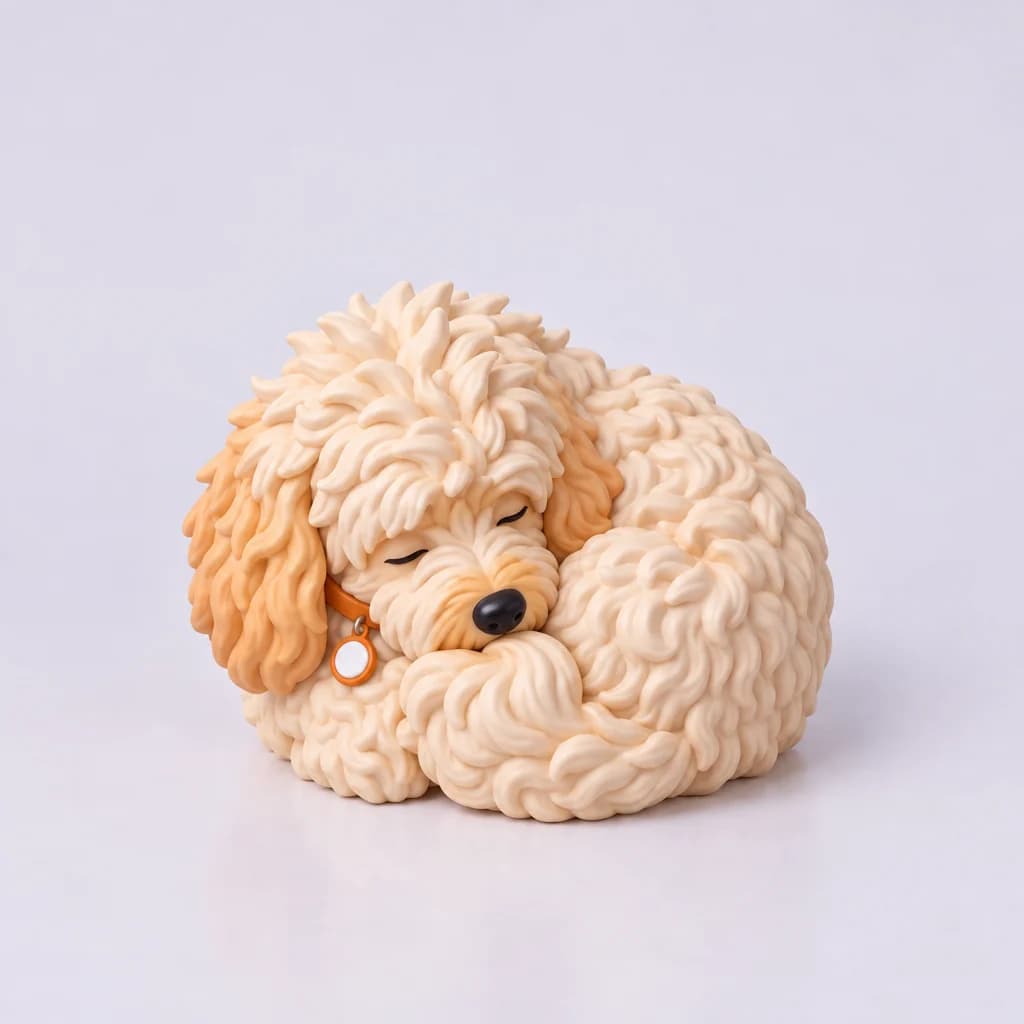 Pushok figurine curled up asleep, three-quarter view