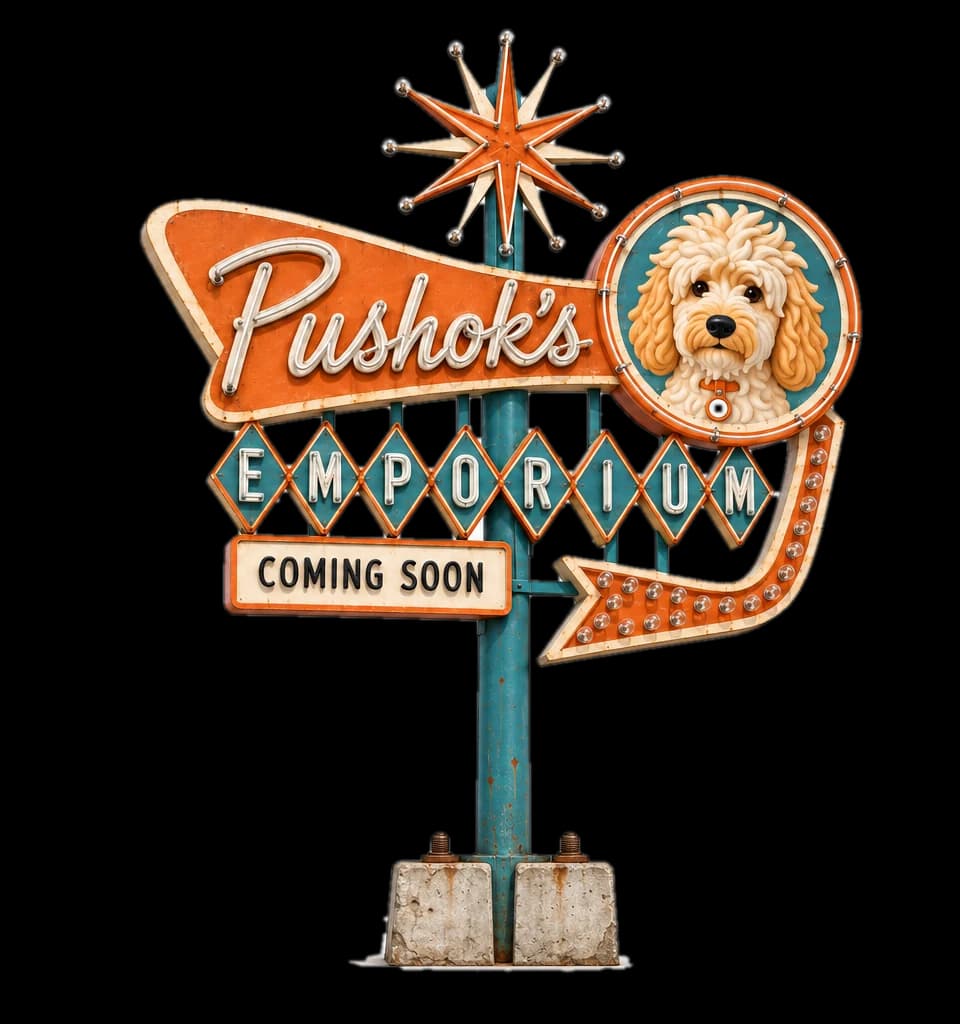 A 1950s roadside pole sign reading “Pushok's Emporium”, with Pushok's face in a round medallion, a starburst on top, an arrow of bulbs pointing down, and a plate that says “Coming soon”