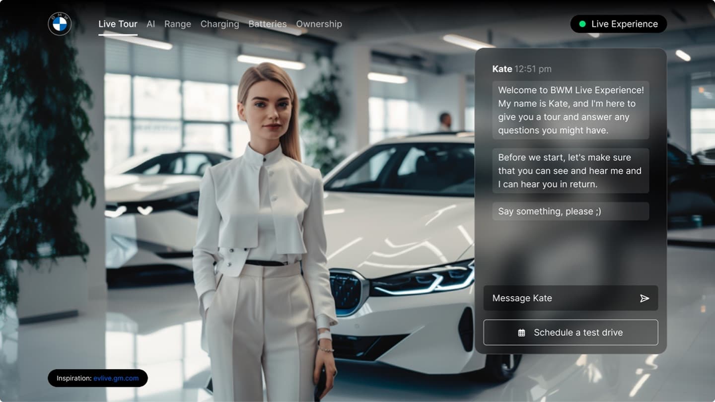 BMW Live Experience concept — video showroom tour with an AI host and chat to schedule a test drive