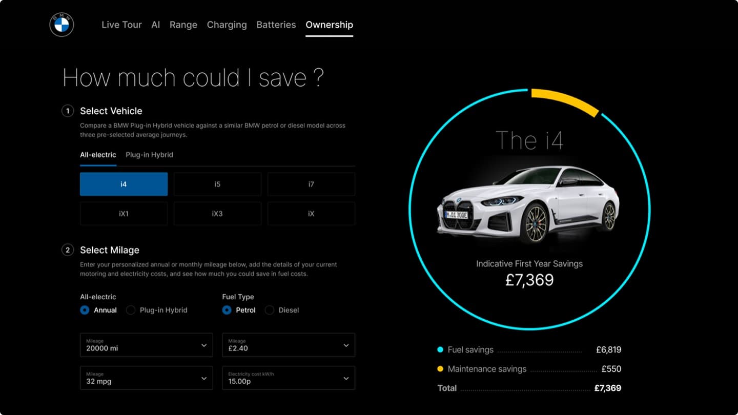 BMW savings calculator — EV vs petrol comparison with indicative first-year fuel and maintenance savings