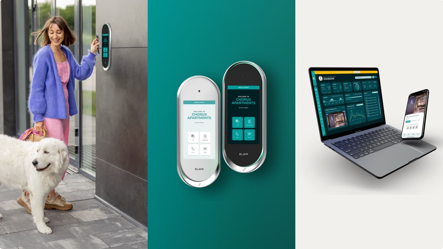Smart-access intercom concept — entry panel in context, on-device UI, and a management dashboard