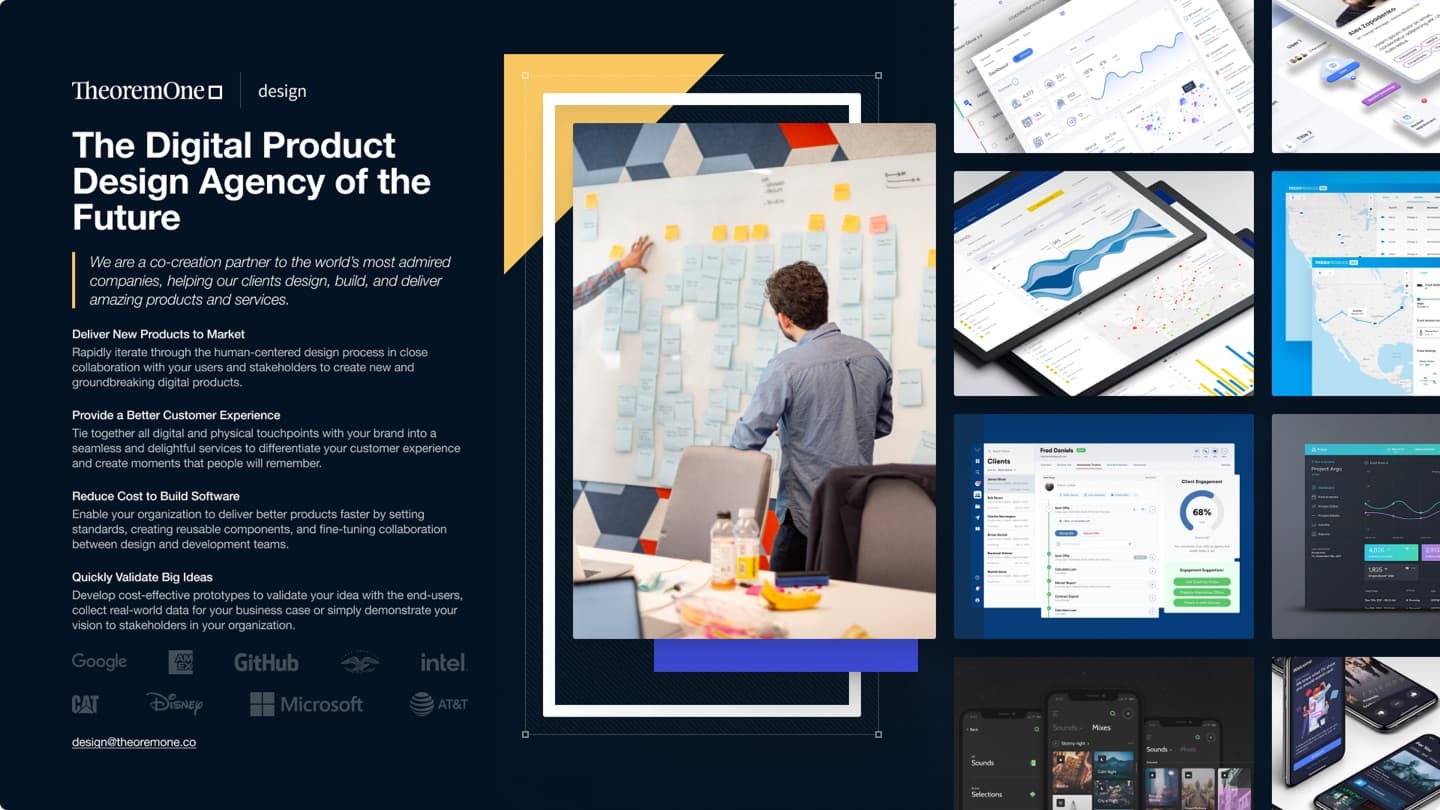 TheoremOne pitch layout — agency intro copy, client logos, and dashboard work samples