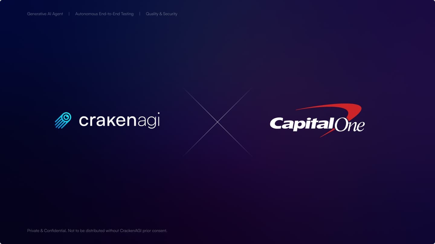 CrakenAGI × Capital One title slide — generative AI agent for autonomous end-to-end testing