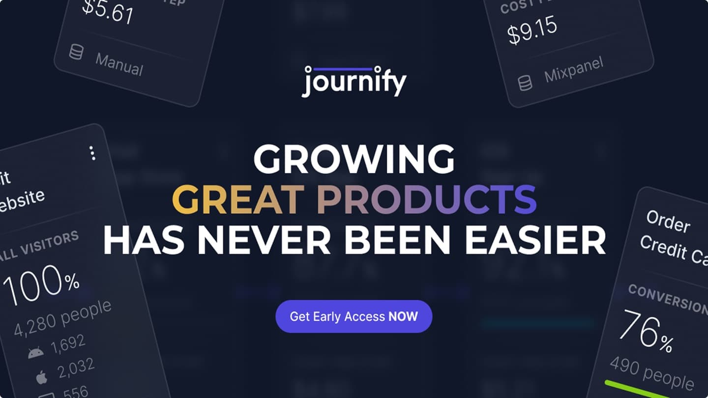 Journify hero — "Growing great products has never been easier" with floating analytics cards