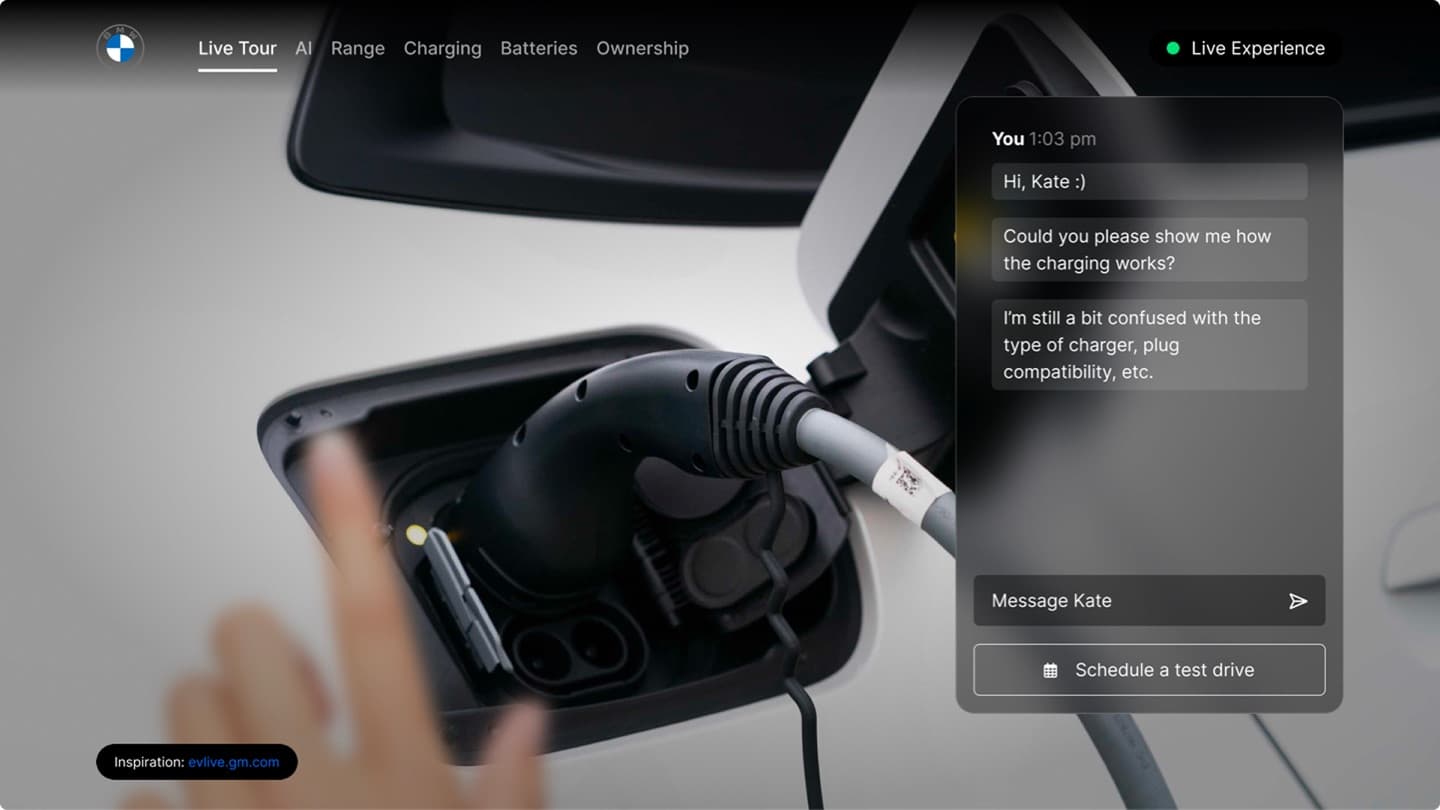 BMW Live Experience — charging walkthrough chat over a live view of an EV charge port