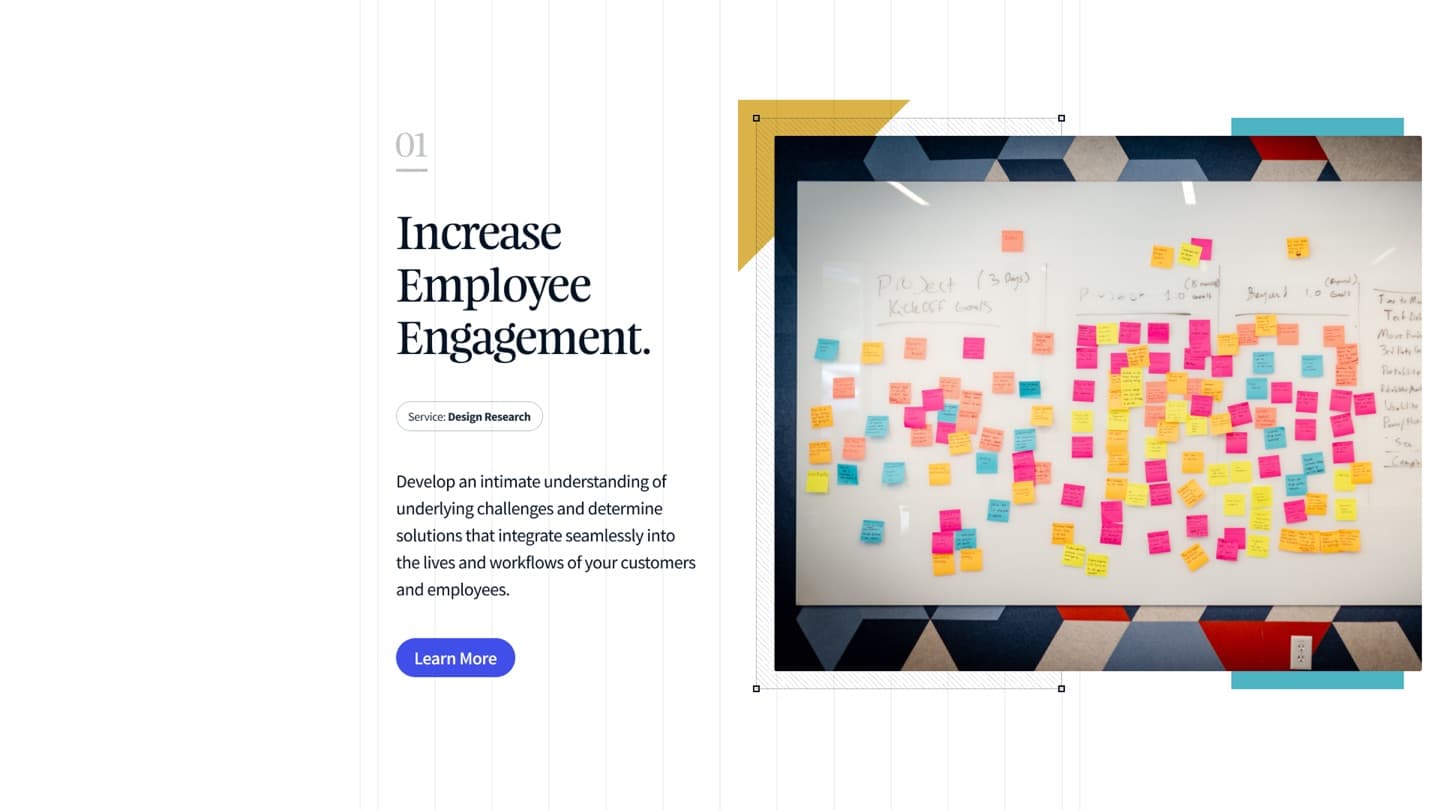 Service-design slide — "Increase employee engagement" research card beside an affinity-mapping photo