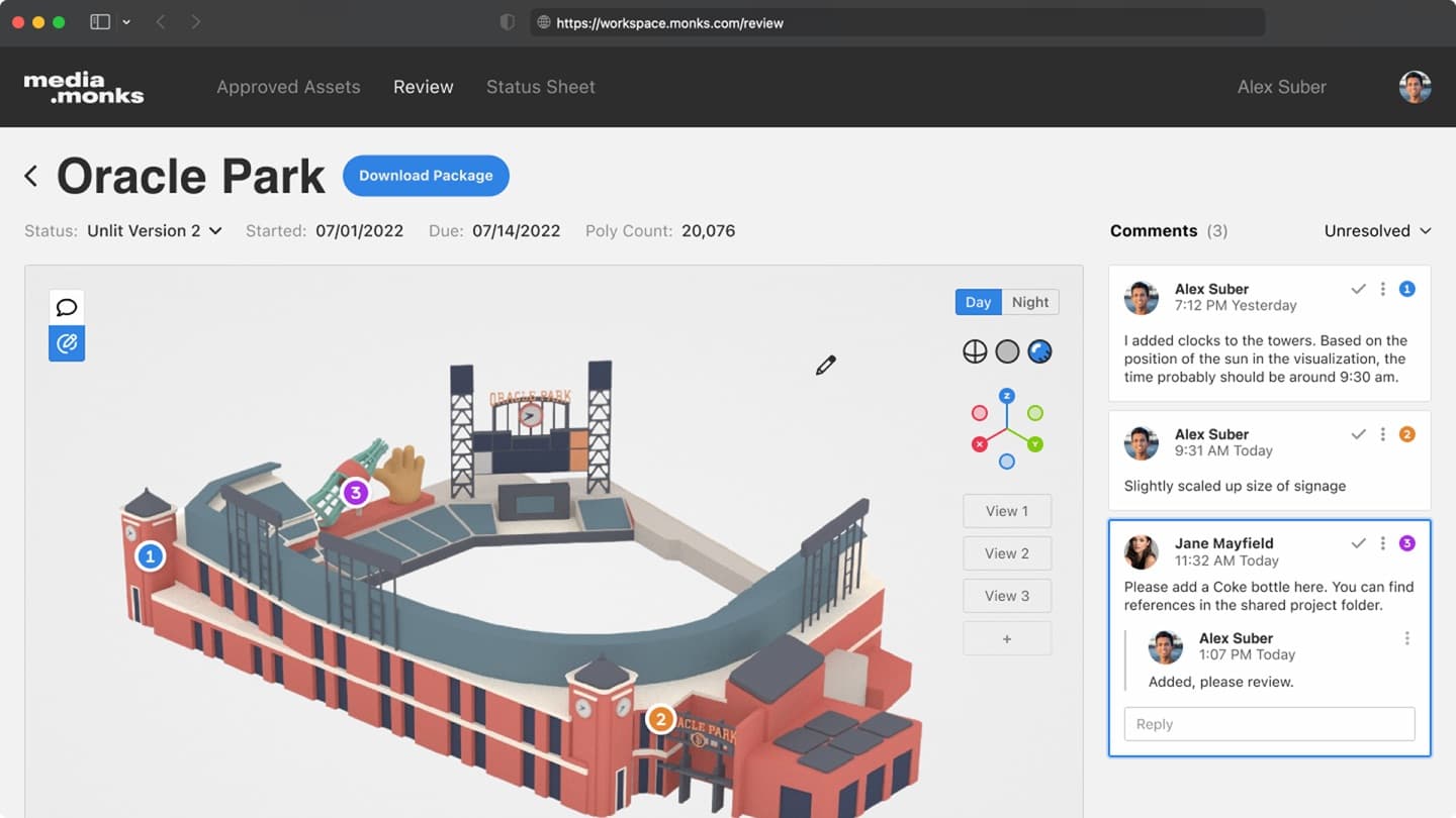 media.monks review tool — Oracle Park 3D model with pinned comment threads and a day/night toggle