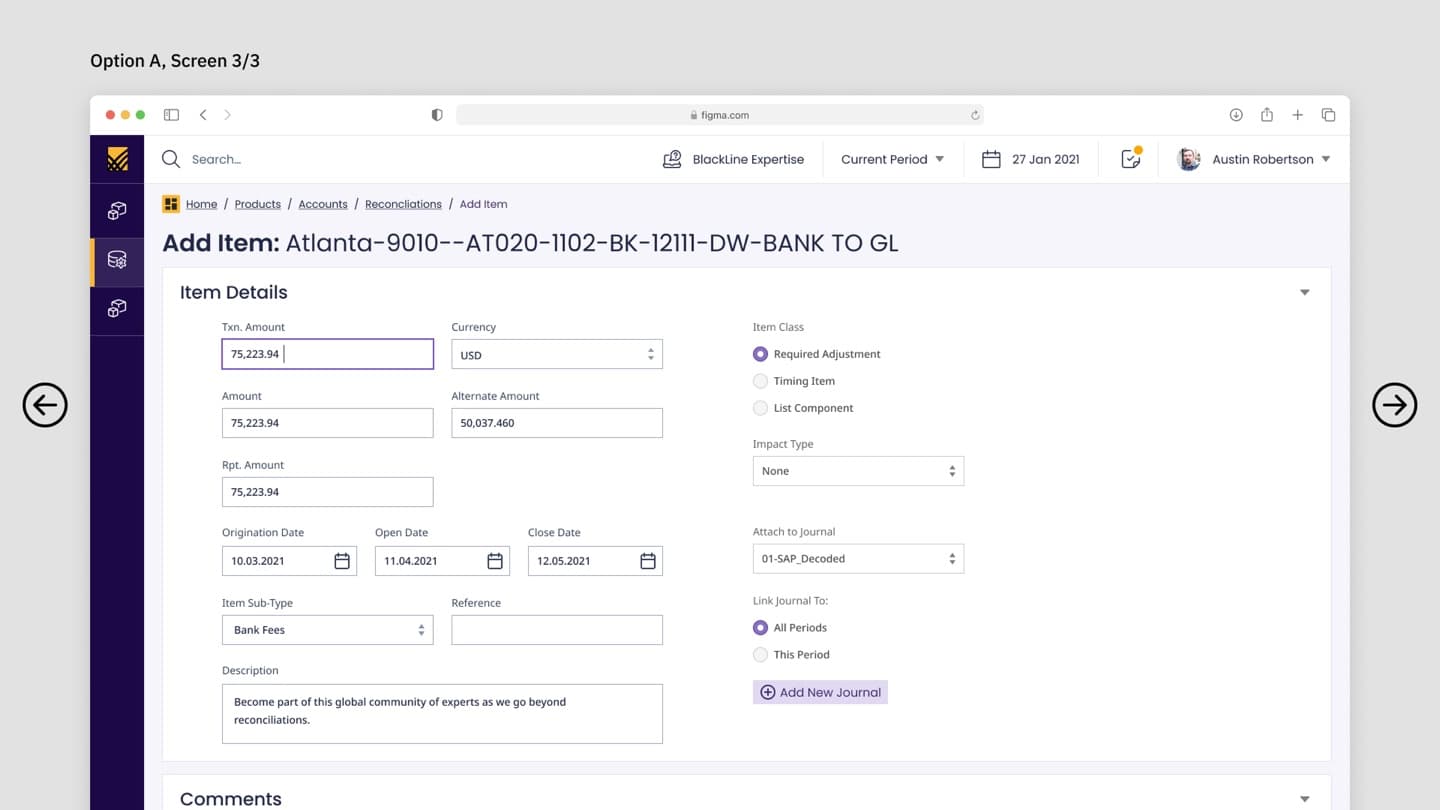 BlackLine Add Item form (Option A) — reconciliation line entry with amounts, dates, and item class