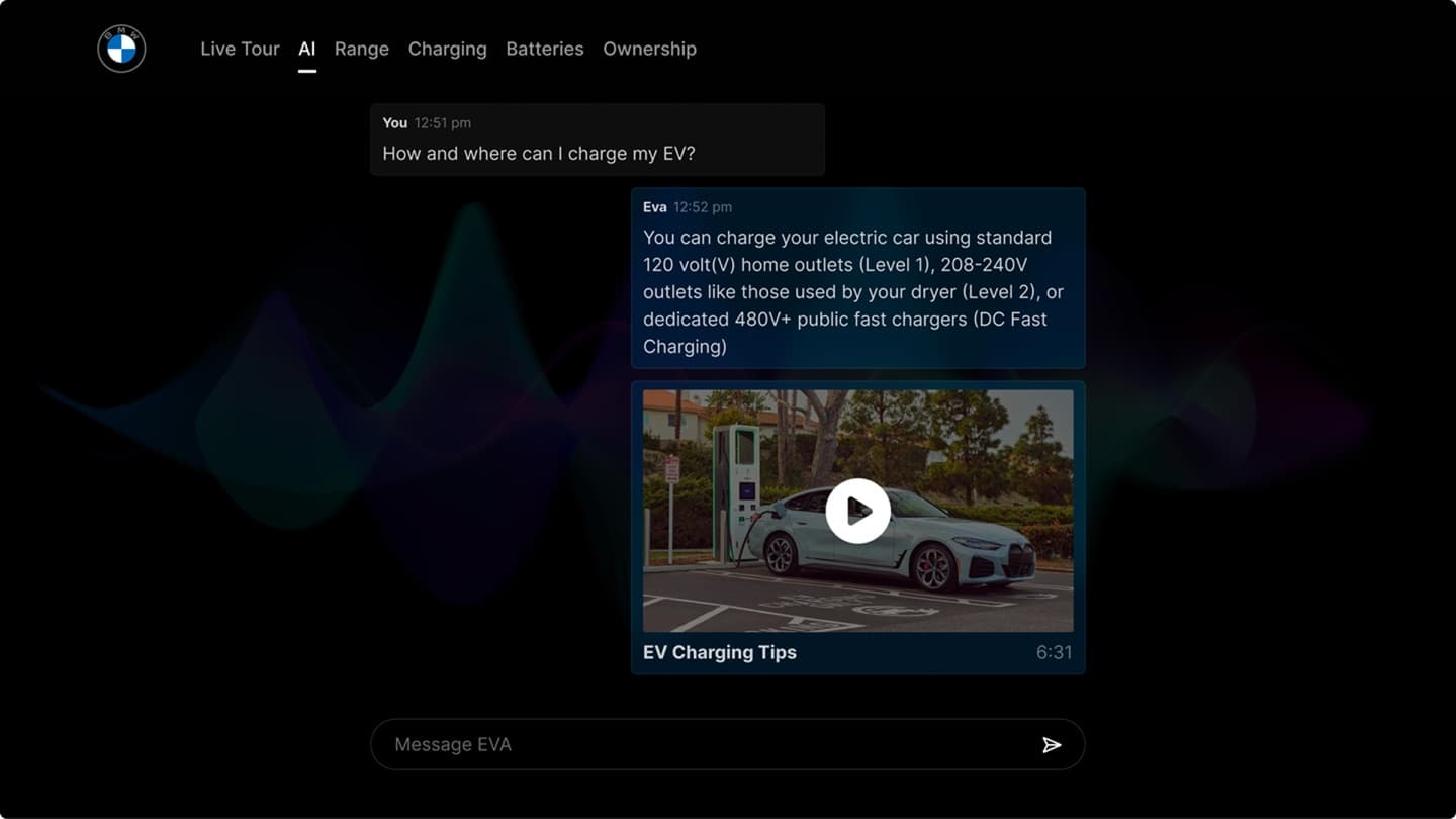 BMW EV assistant — AI answers a charging question with an inline how-to video