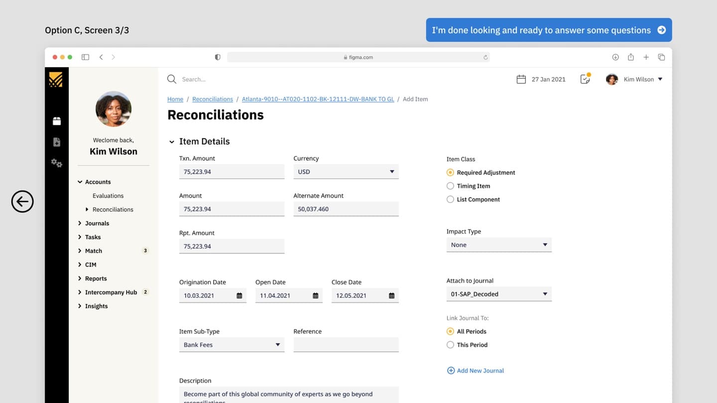 BlackLine Add Item (Option C) — personalized welcome rail above the reconciliation entry form