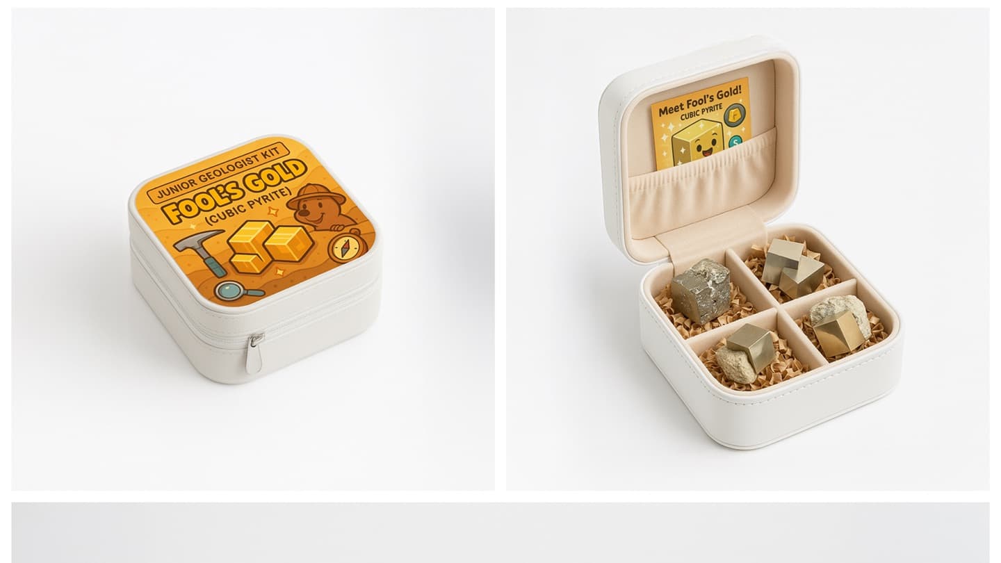 Junior Geologist Kit packaging — Fool's Gold (iron pyrite) specimen set, closed and open