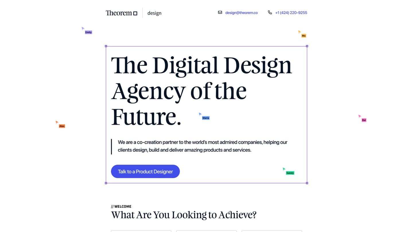 Theorem site hero — "The digital design agency of the future" with live multiplayer cursors