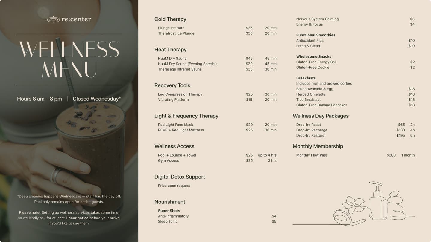 Re:center wellness menu — therapy, recovery, and membership services with hours and pricing
