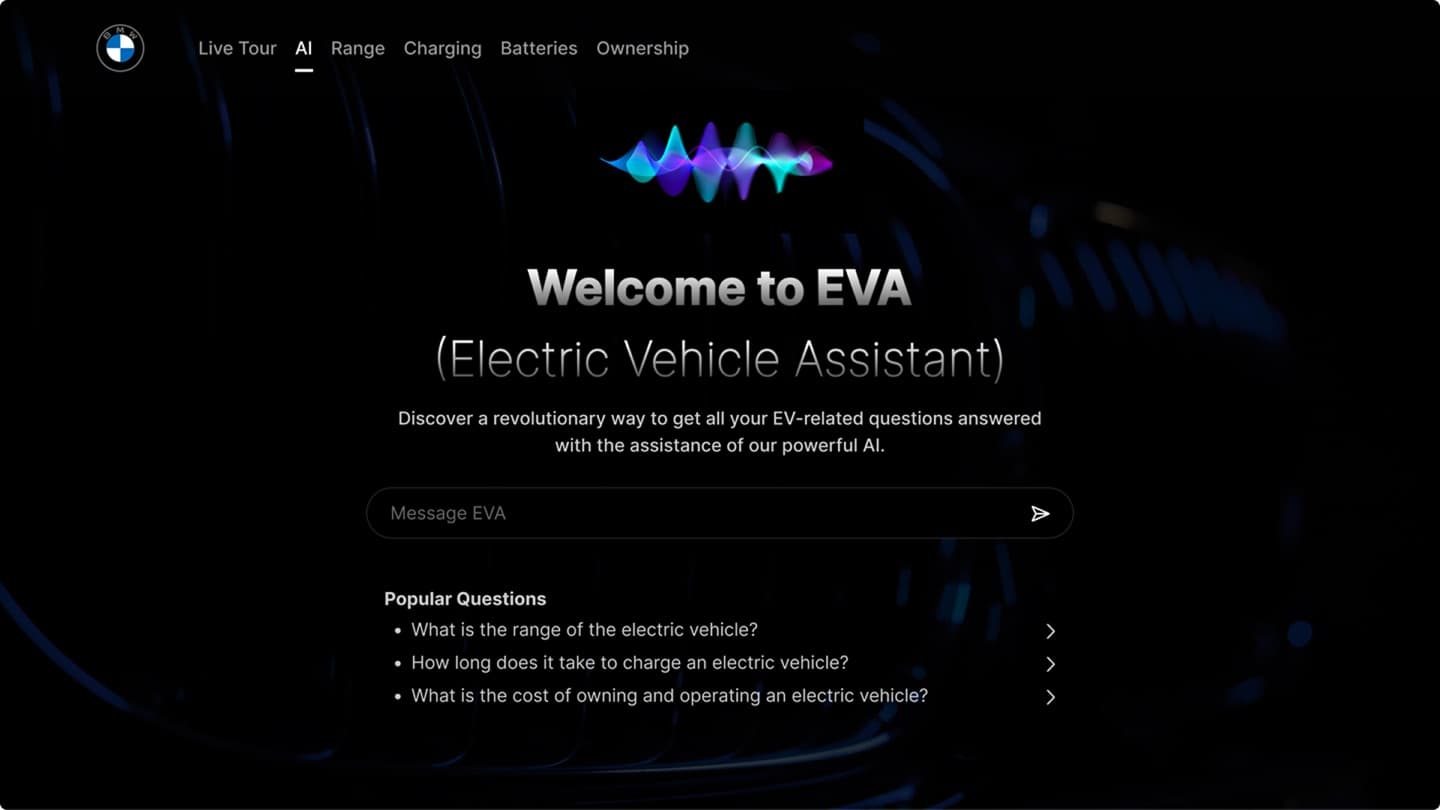 BMW EV assistant landing — welcome screen with chat input and popular questions