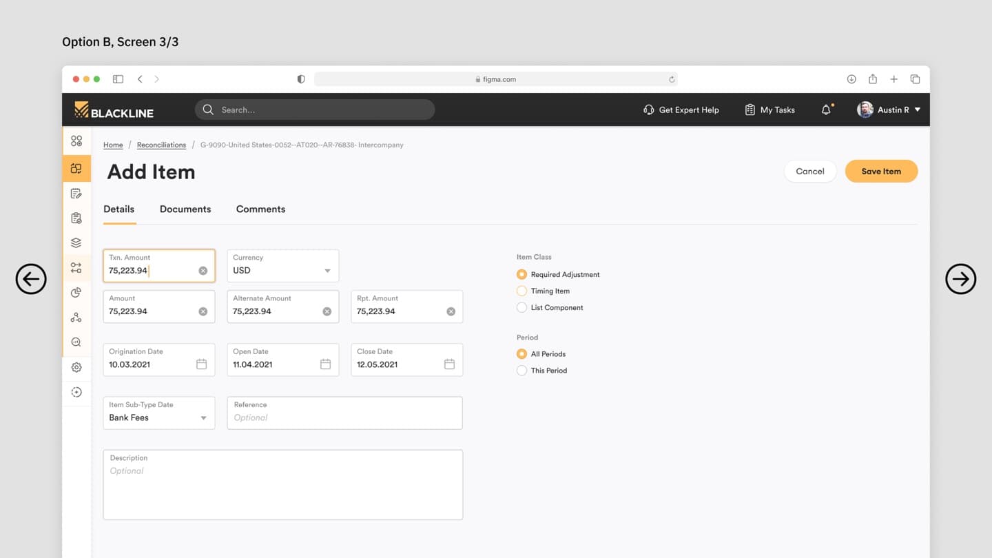 BlackLine Add Item (Option B) — tabbed line-item form with Details, Documents, and Comments
