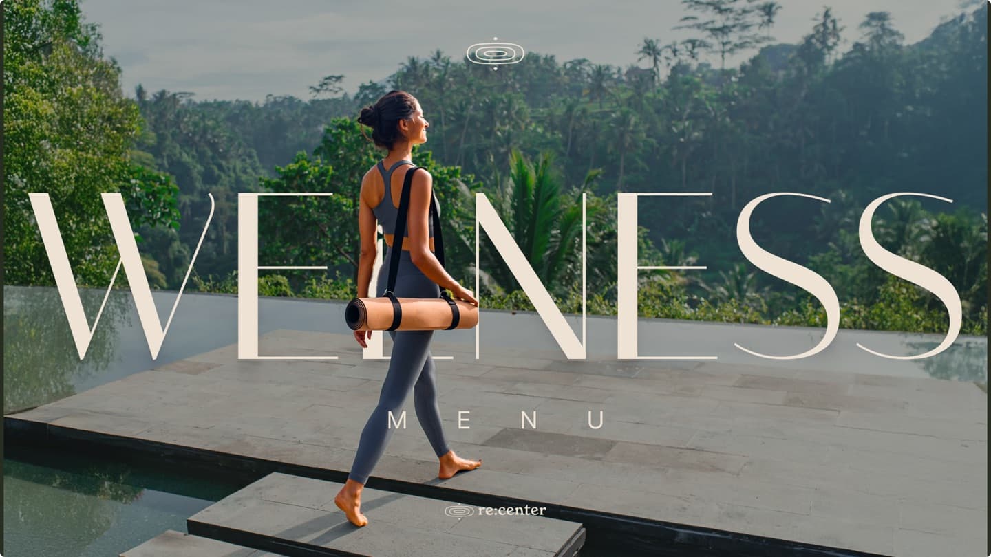 Re:center cover — "Wellness Menu" over a yoga-mat walk by an infinity pool
