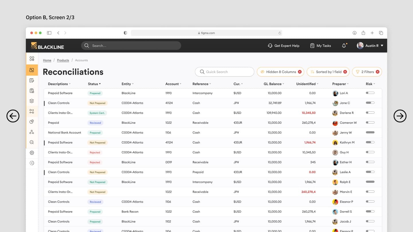 BlackLine reconciliations (Option B) — dark-theme table with status badges and preparer avatars