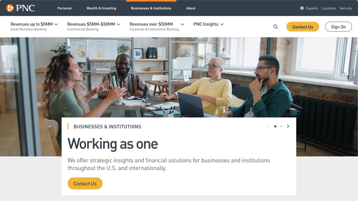 PNC Businesses & Institutions — "Working as one" hero with revenue-tier navigation