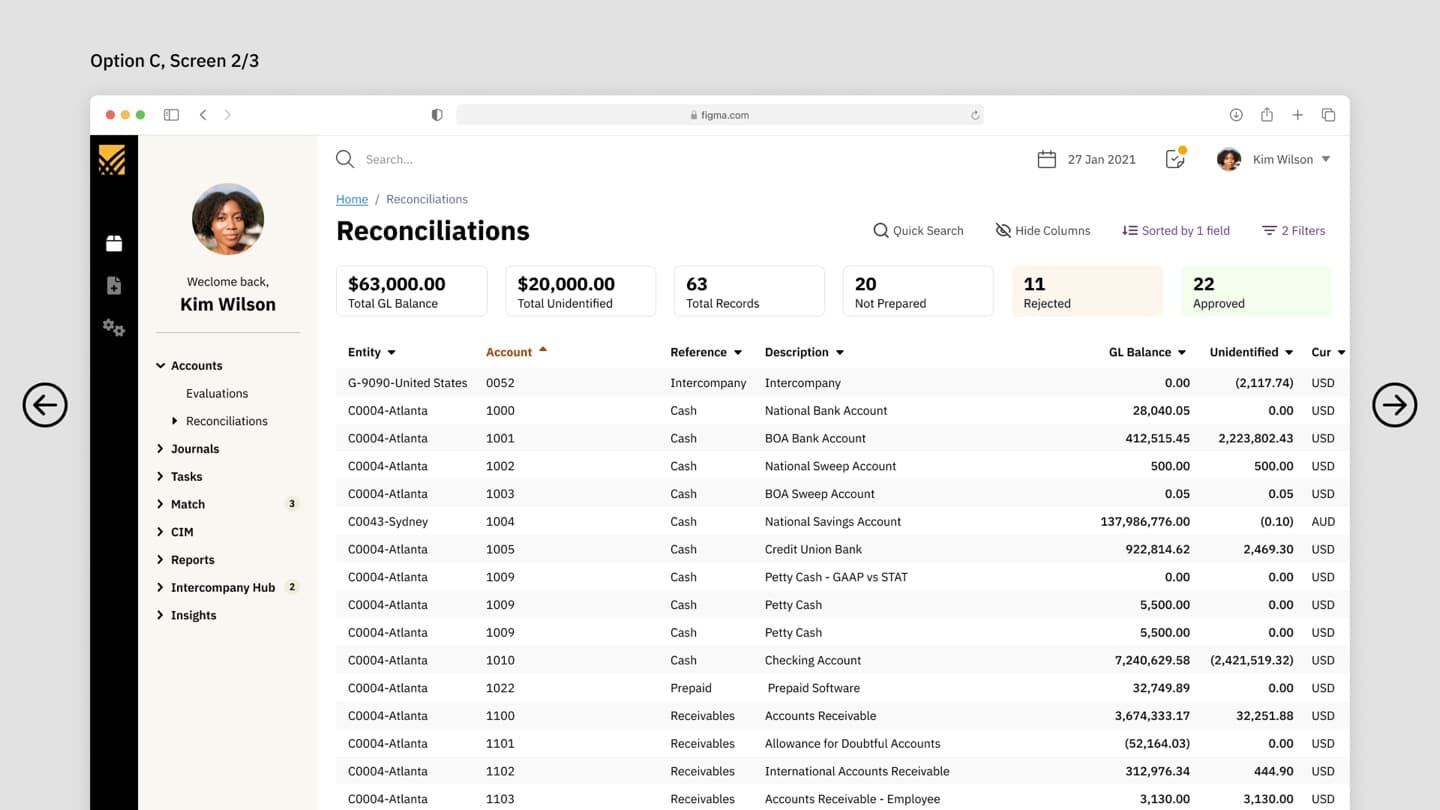 BlackLine reconciliations (Option C) — summary stat tiles above a dense entity-balance table