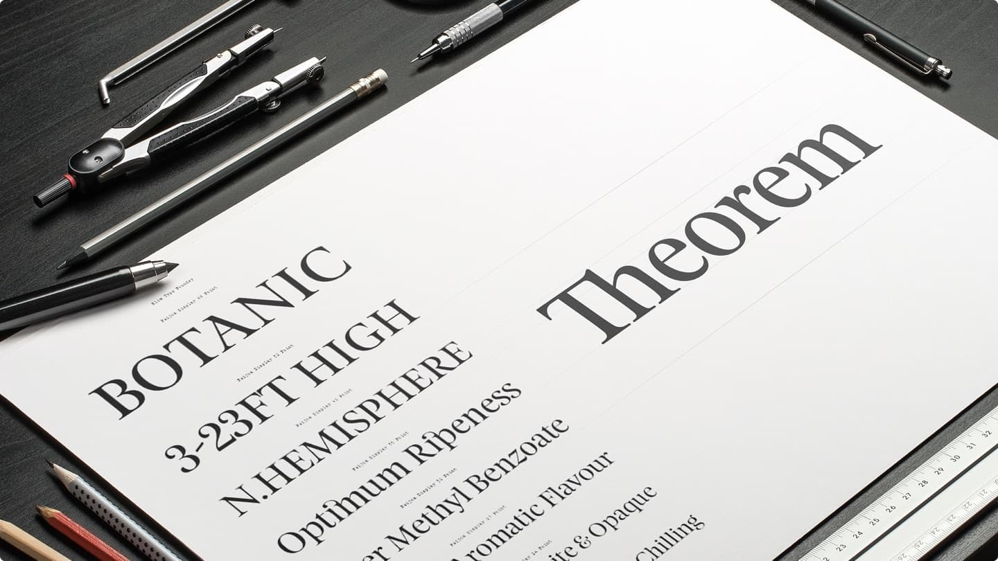 Theorem type specimen — serif headlines on a drafted spec sheet with drawing tools