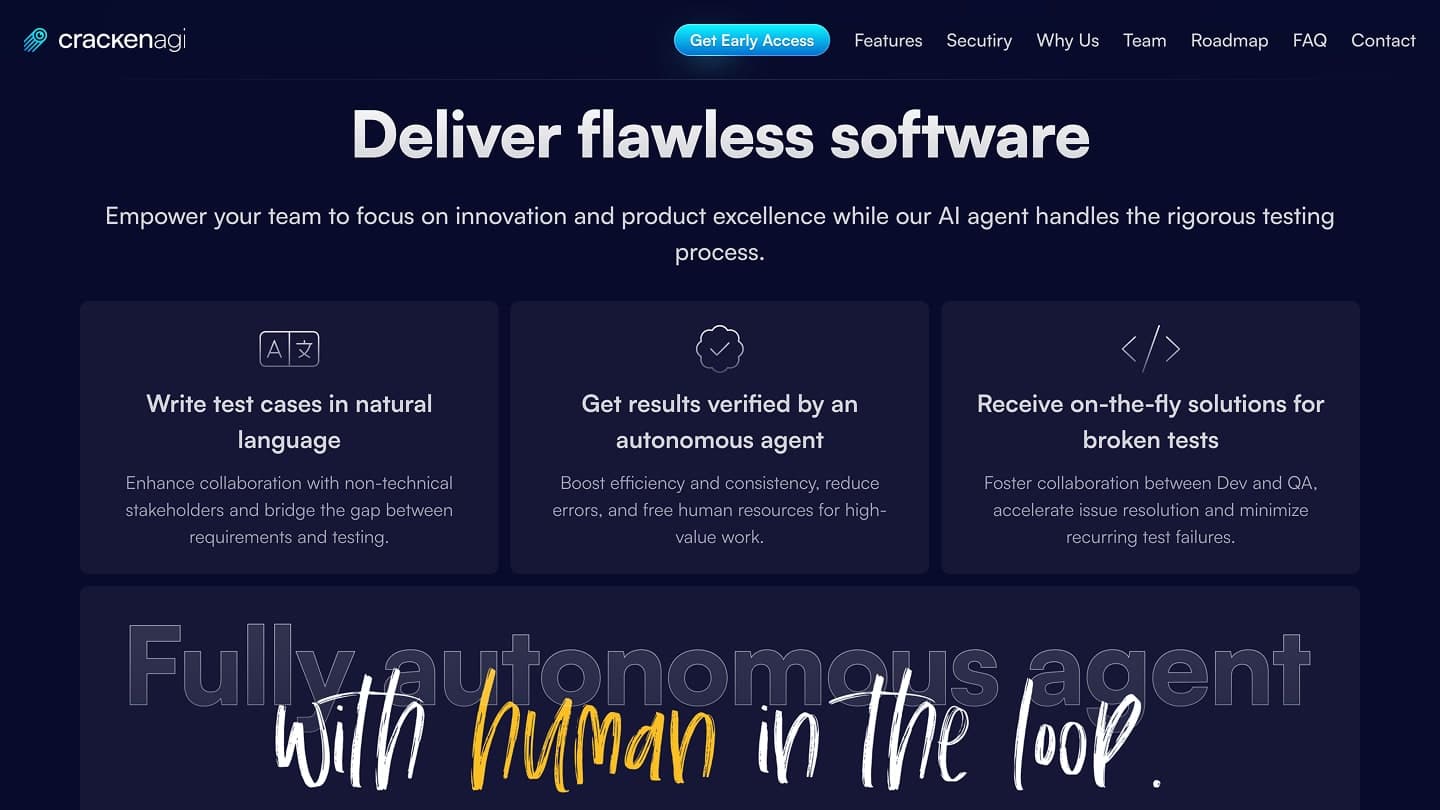 Cracken AGI features — "Fully autonomous, with human in the loop" hand-lettered across the six agent capabilities
