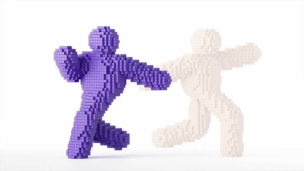 Unbox AI voxel figure — the keynote's behavior-to-behavior mascot turning, the loop behind the site's explainer
