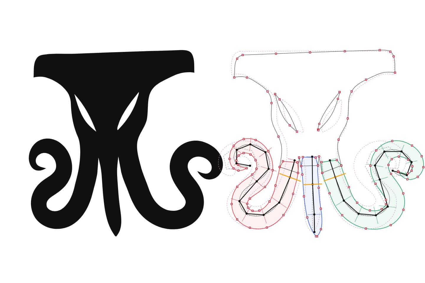 Tentaplex mascot rig — the mark alive beside its structure: a body mesh, three tentacles as bones with a width profile, turning to follow the pointer