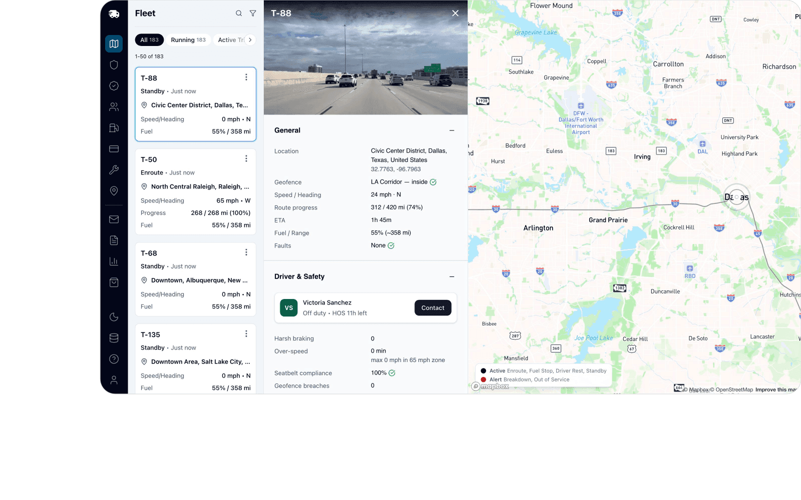 A live fleet-tracking map with AI-generated telemetry, streamed from Postgres
