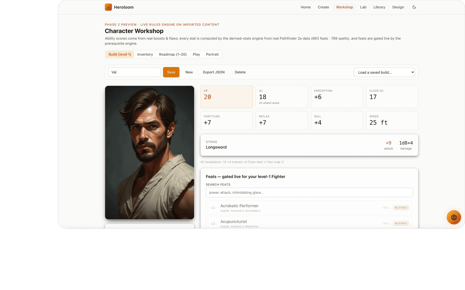 A Pathfinder 2e character builder with AI portraits that restyle every time you re-equip