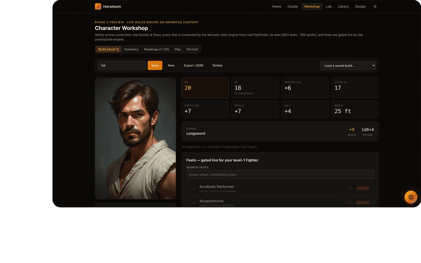 A Pathfinder 2e character builder with AI portraits that restyle every time you re-equip