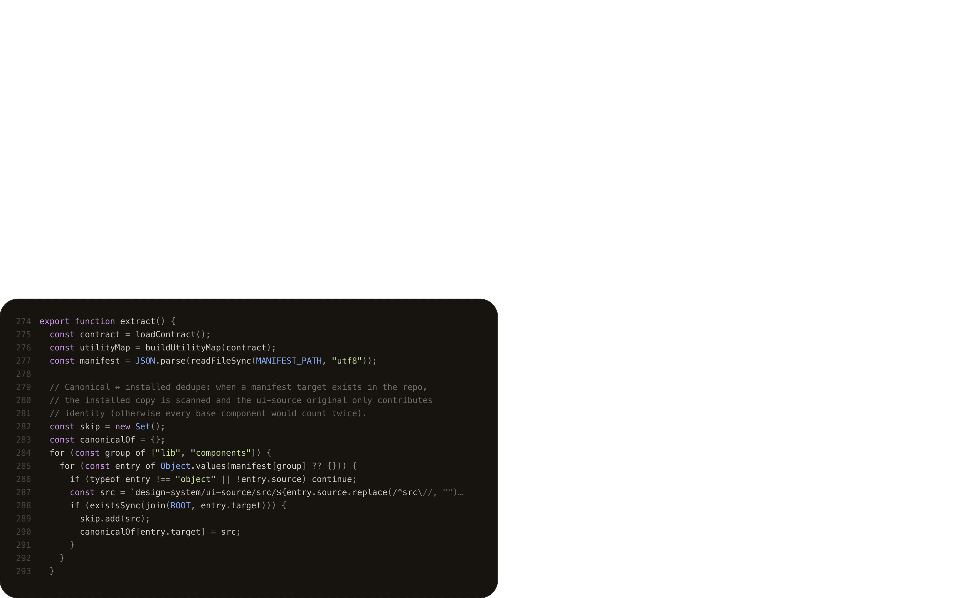 Every token, component and screen in this site, derived from source and drawn as one graph you can point at — the code behind it