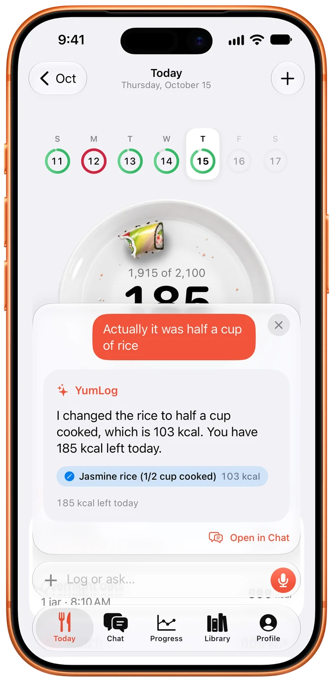 iPhone showing a correction, “Actually it was half a cup of rice”, and YumLog changing the rice entry.