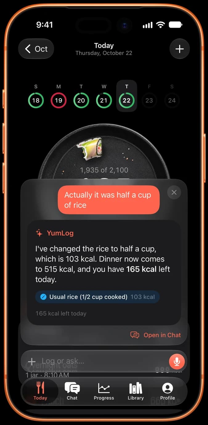 iPhone showing a correction, “Actually it was half a cup of rice”, and YumLog changing the rice entry.