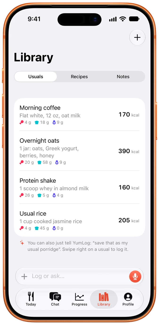 iPhone showing the Library of usuals: morning coffee, overnight oats, protein shake and usual rice.