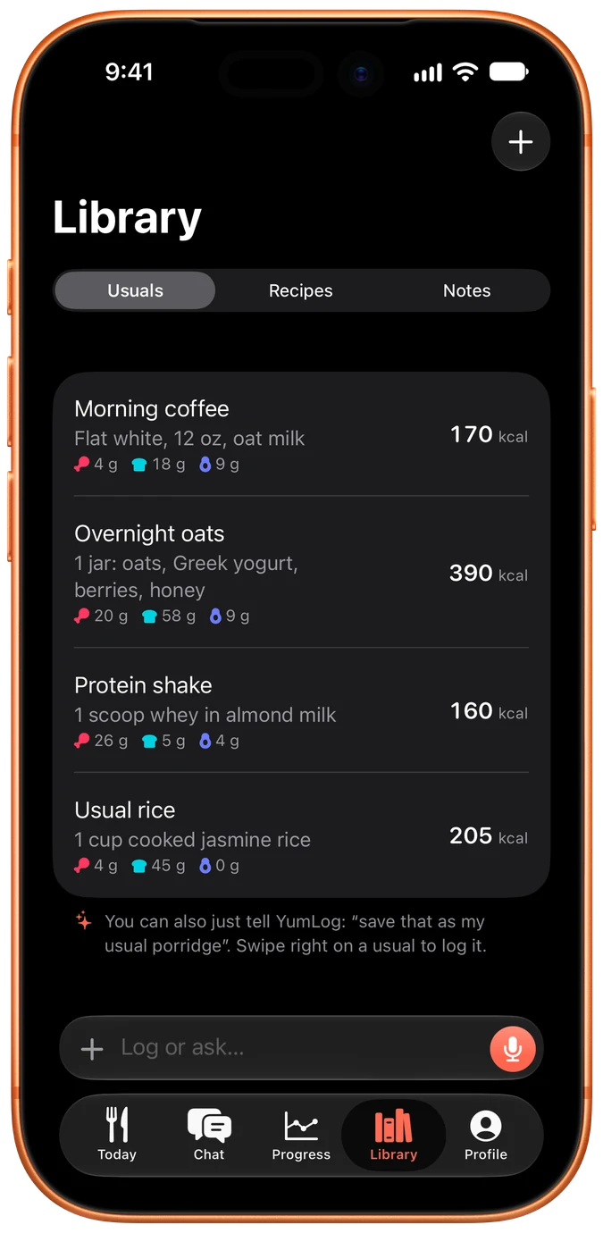 iPhone showing the Library of usuals: morning coffee, overnight oats, protein shake and usual rice.