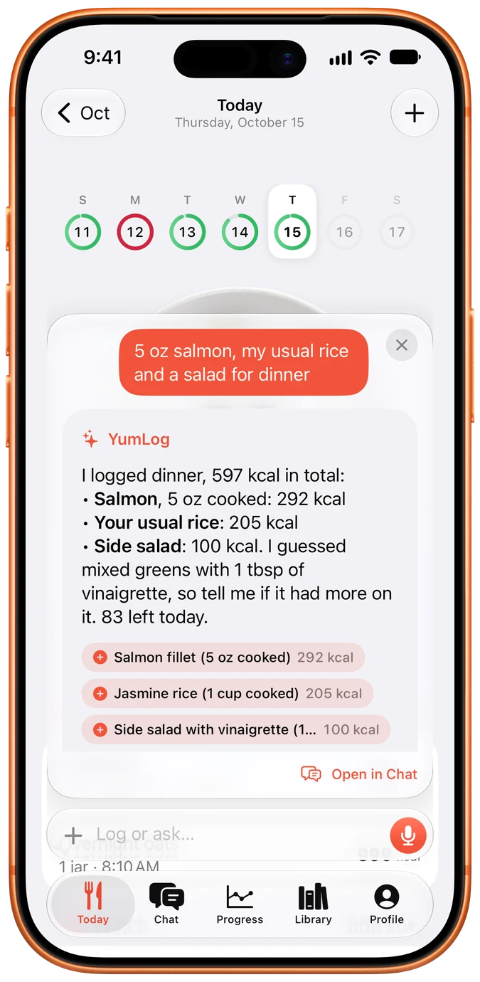 iPhone showing YumLog logging dinner from one message: salmon, the usual rice and a side salad, with each item and its calories.