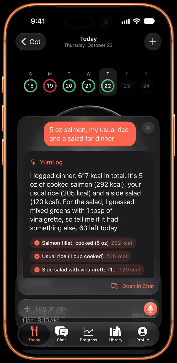 iPhone showing YumLog logging dinner from one message: salmon, the usual rice and a side salad, with each item and its calories.