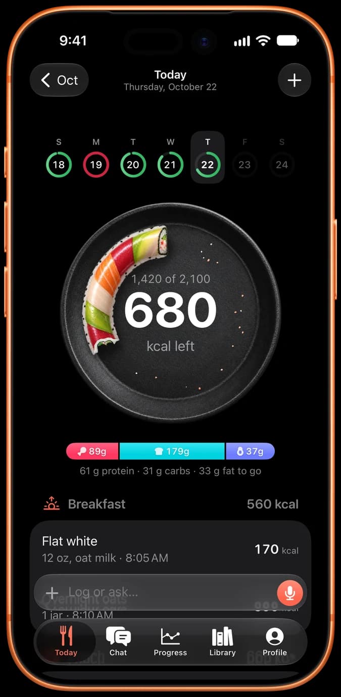 iPhone showing Today: the week’s days as small rings and 680 kcal left on a ring of sushi on a white plate.