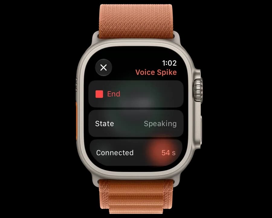 Apple Watch Ultra running the voice spike: Voice Spike, an End button, State: Speaking, Connected: 54 s.