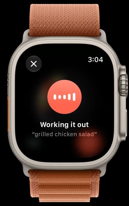 Apple Watch Ultra showing YumLog working it out after hearing “grilled chicken salad”.
