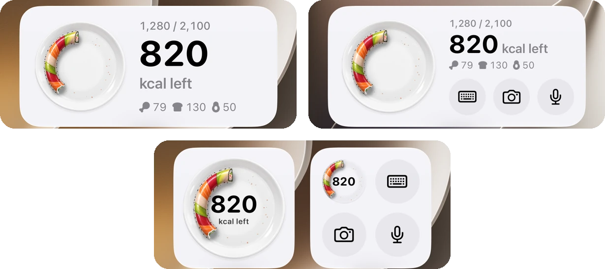 YumLog widgets on an iPhone Home Screen: Calories Left (820 kcal left, a ring of sushi on a plate) and Log Food with keyboard, camera and microphone buttons, in medium and small sizes.