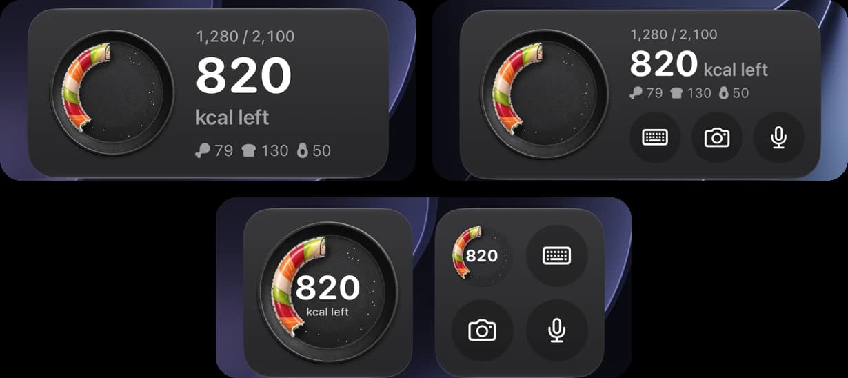 YumLog widgets on an iPhone Home Screen: Calories Left (820 kcal left, a ring of sushi on a plate) and Log Food with keyboard, camera and microphone buttons, in medium and small sizes.